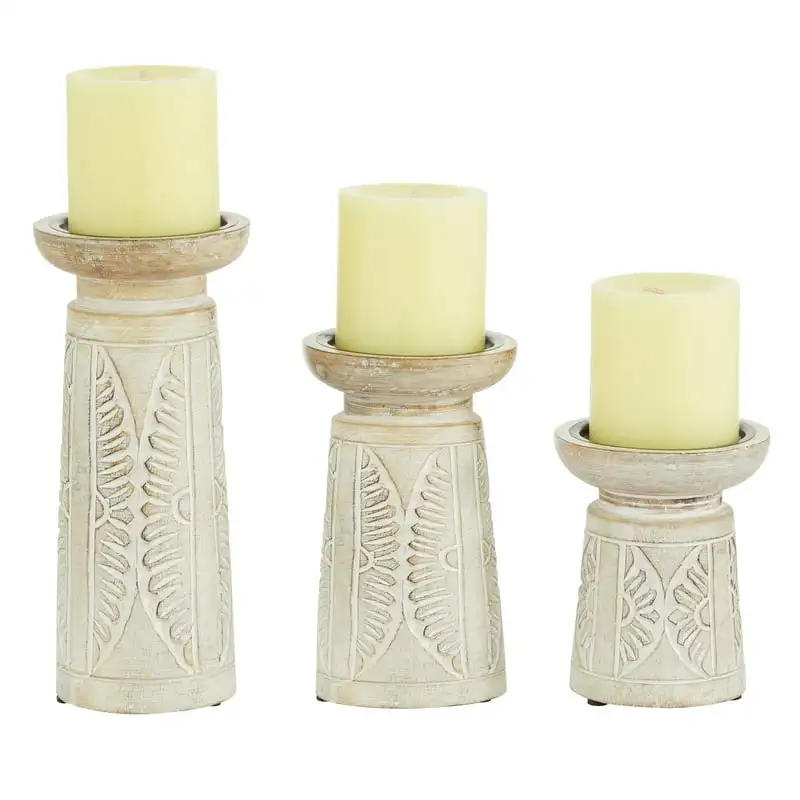 

Candle White Wood Handmade Floral Intricate Carved Pillar Candle Holder, Set of 3