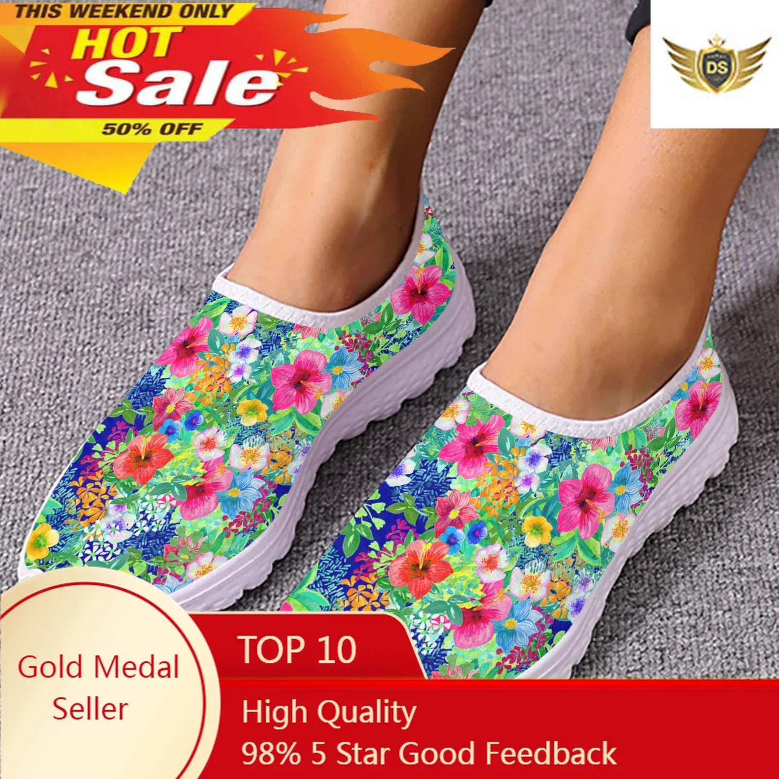 Pretty Tropical Flower Printing Women Flat Shoes Summer Breathable Slip-on Mesh Sneakers Lightweight Loafers Zapatos