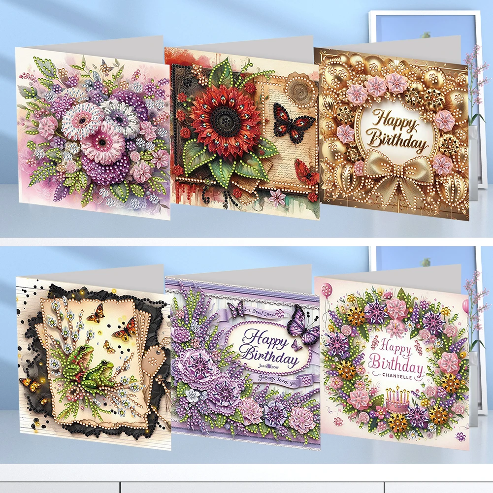 6pcs DIY Diamond Painting Greeting Card Set Rhinestone Diamond Art Mosaic Postcards for Birthdays Thanksgiving and Holidays