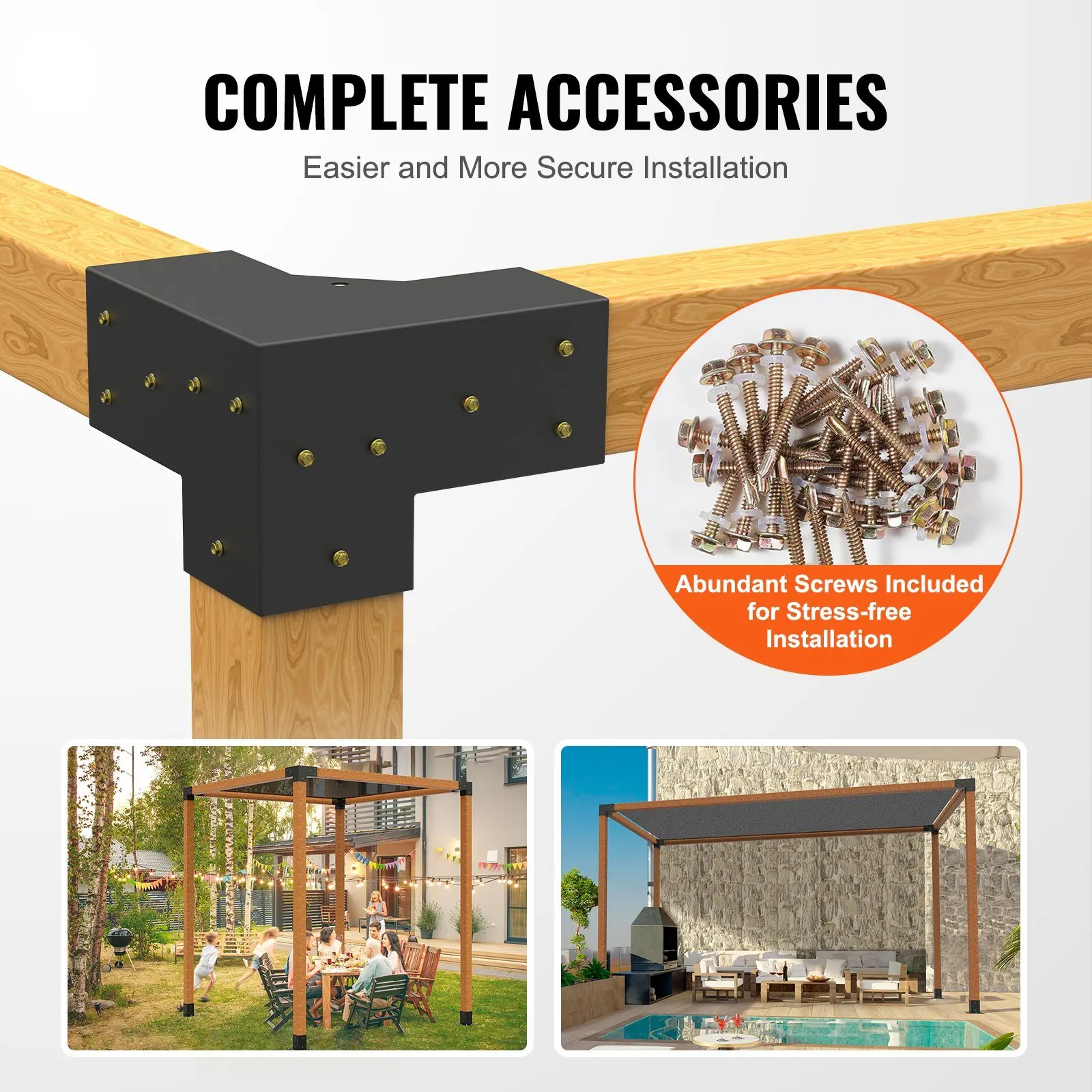 Pergola Bracket Kit 4''x4'', 4pcs 3-Way Heavy Duty Corner Bracket Woodworks DIY Post Base Kit, Easy Installation Wooden Be 5