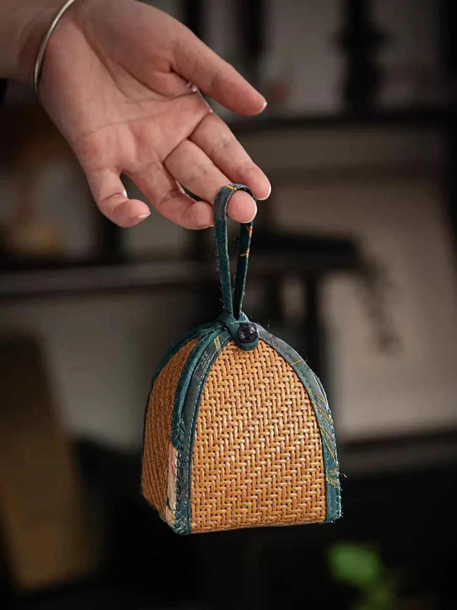 Rattan Pattern Small Bag Square Travel Outdoor Cover Bowl Portable Organizer Owner's Cup Teapot Bag Spliced Drawstring Pocket