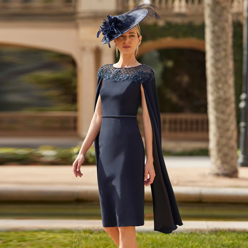 

Elegant Mermaid Mother of the Bride Dresses O Neck Short Sleeves Wedding Party Gowns Appliques Beads Knee Length فساتين السهرة