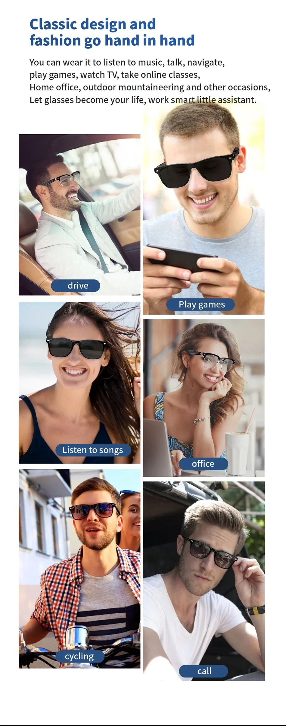 Camera Glasses Men Smart Glasses Wireless Bluetooth-compatible 5.0 Sunglasses Outdoor Sports Hands-free Calling Music Eyeglasses