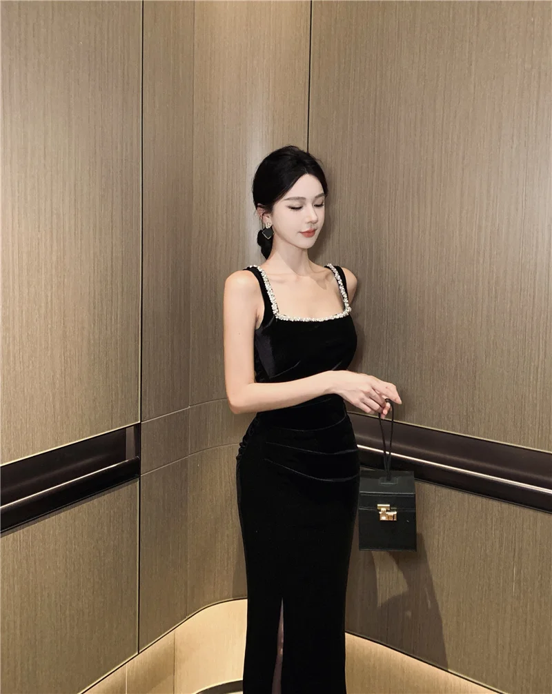 Elegant Bodycon Sleeveless Black Velvet Dresses for Women Diamonds High Slit Evening Party Dress Prom Robe One Piece Vestido New