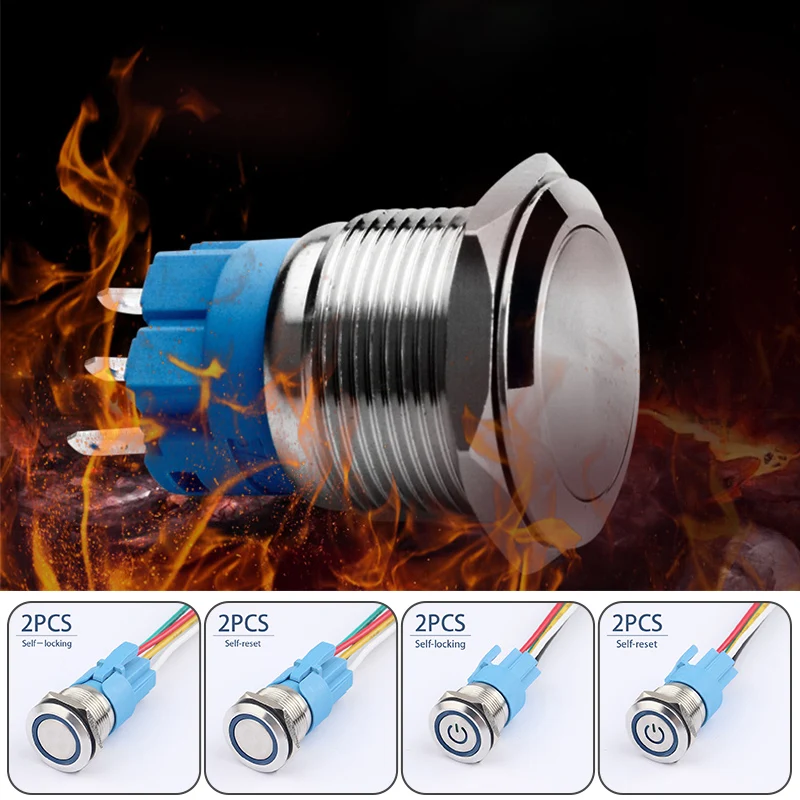 

2pcs 16mm Metal Push Button Power Switch Waterproof Flame Retardant Latching w/Wire Socket LED Light On Off 3V 6V 12V 24V 220V