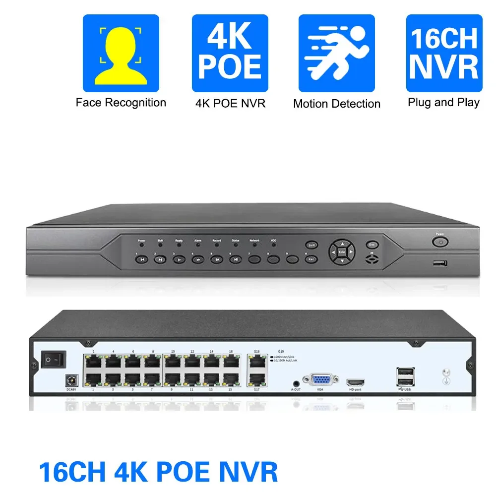 

16CH 4k 8MP POE NVR Video Recorder H.265 48V Audio Out PTZ IP Camera AI Face Detection CCTV System RTSP P2P Network Xmeye Cam