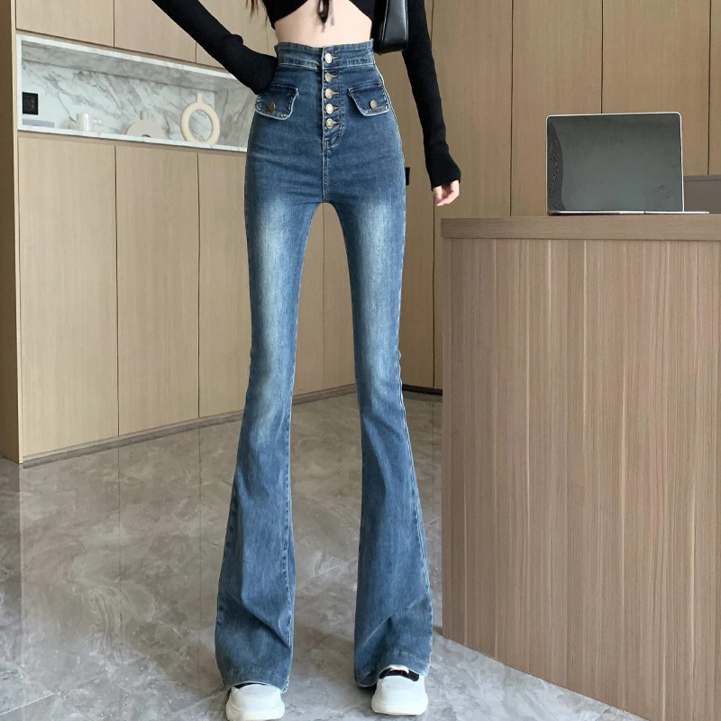 

Новые женские расклешенные джинсы с очень высокой талией, элегантные винтажные узкие джинсовые брюки на пуговицах, уличная одежда, облегающие корейские брюки