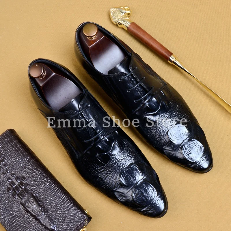 Men Spring Burgundy Crocodile Pattern Leather Shoes Korean Style Pointed Lace Up Formal Wedding Banquet