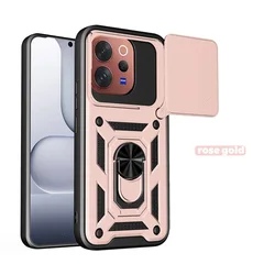 Enhanced Armor Hybrid Metal Ring Holder Camera Protection Case for Vivo V70 (Rose Gold)
