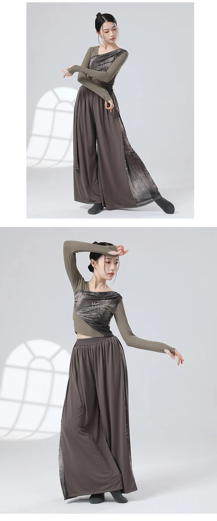 UMI MAO Chinese Style Pants Patchwork Ink Water Yarn Diagonal Collar Design, Long Sleeved Modern Dance Body Shape Clothing