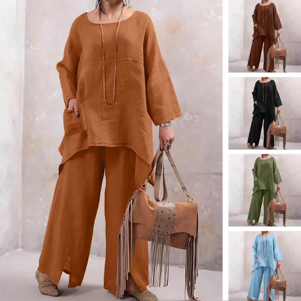 

Loose Fit Pants Suit Women's 2-piece Set Loose Fit Top Pants with Irregular Hem Wide Leg Pockets Soft Breathable for Comfortable