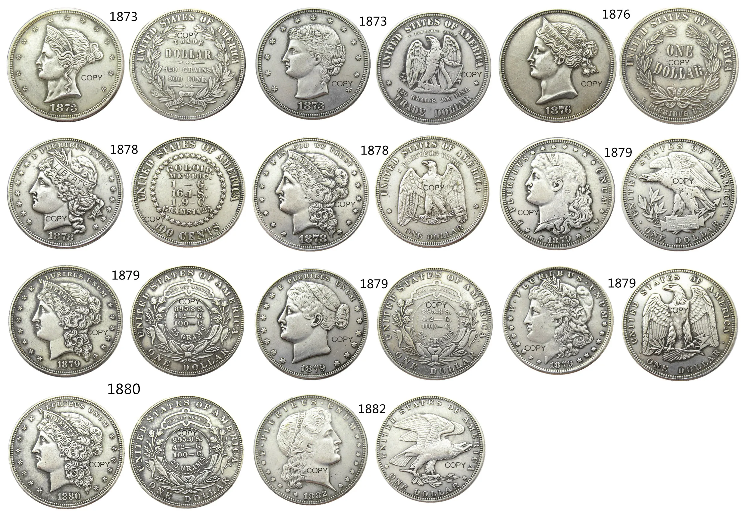 

США набор (1873-1882) 11 шт. разные модели долларов посеребренные копировальные монеты