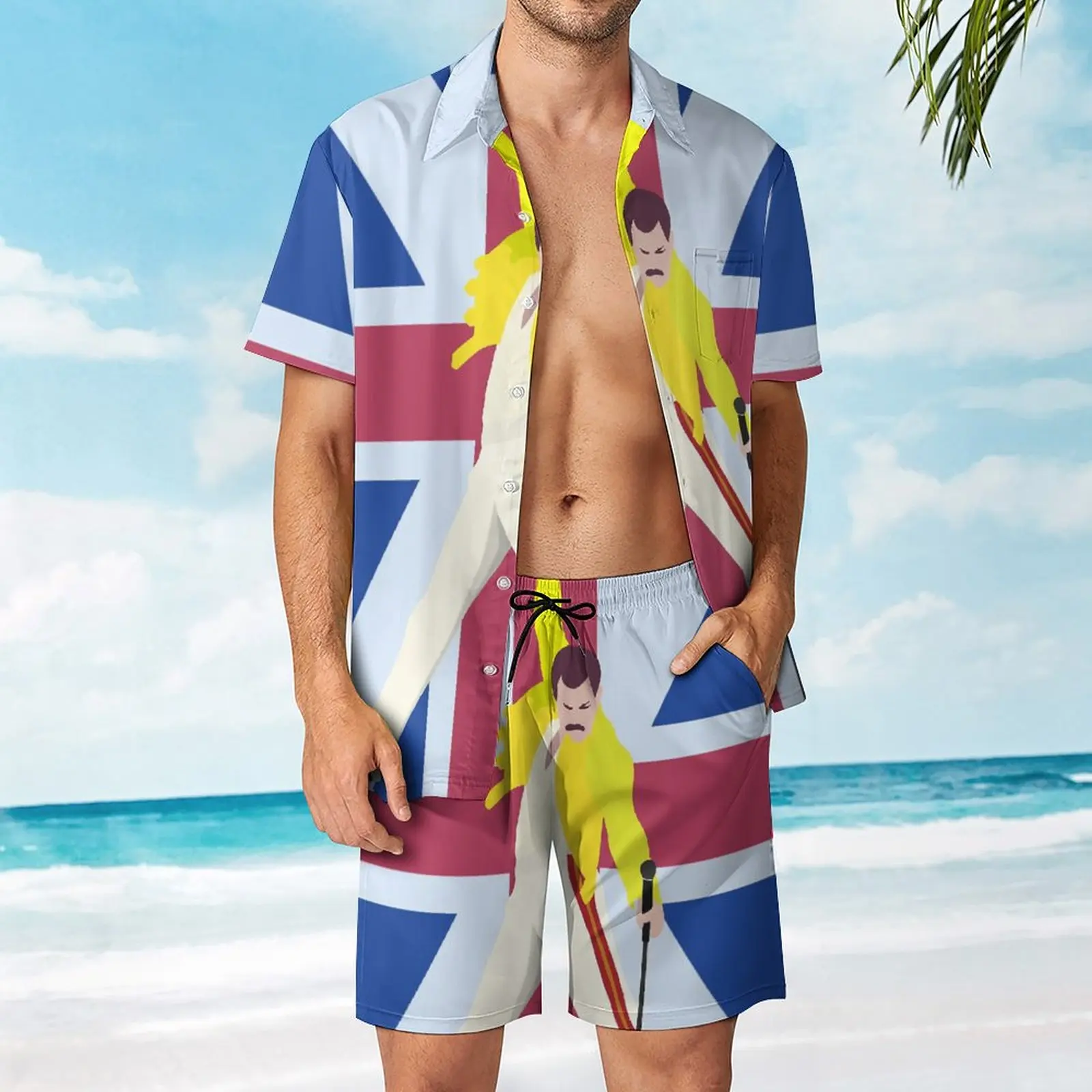 

Freddie Mercury Famous Pose Poster Men's Beach Suit Creative 2 Pieces Suit High Grade Shopping USA Size