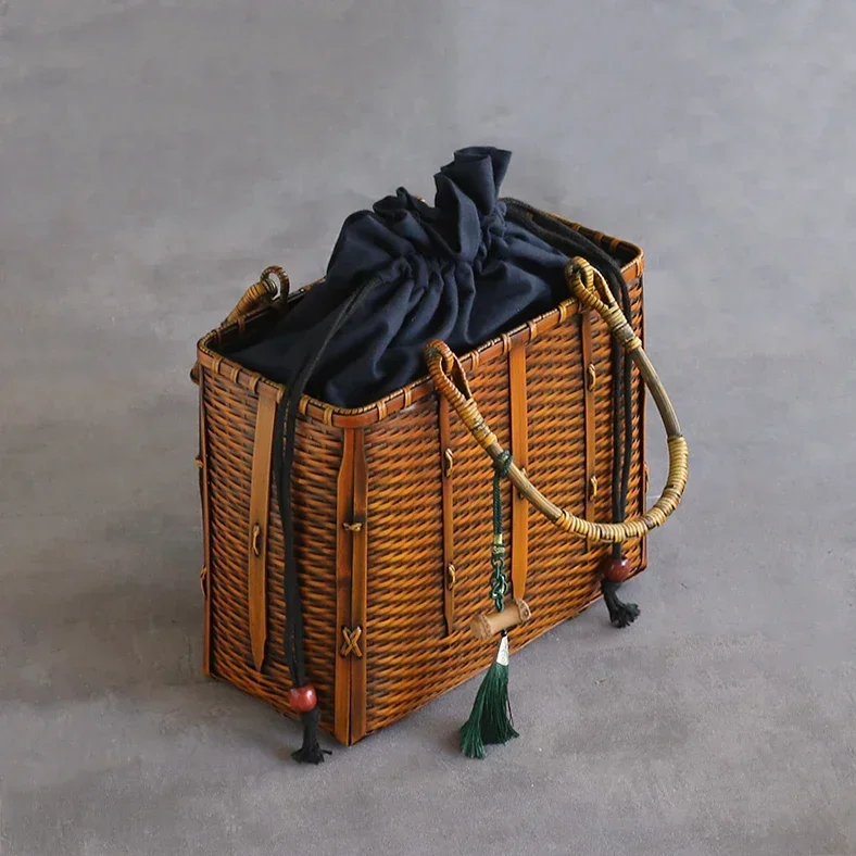 Japanese Bamboo Weaving String Bag Making Old Storage Bags Tea Set Storage Suitcase Case Convenient Handle Organizer Bag 2