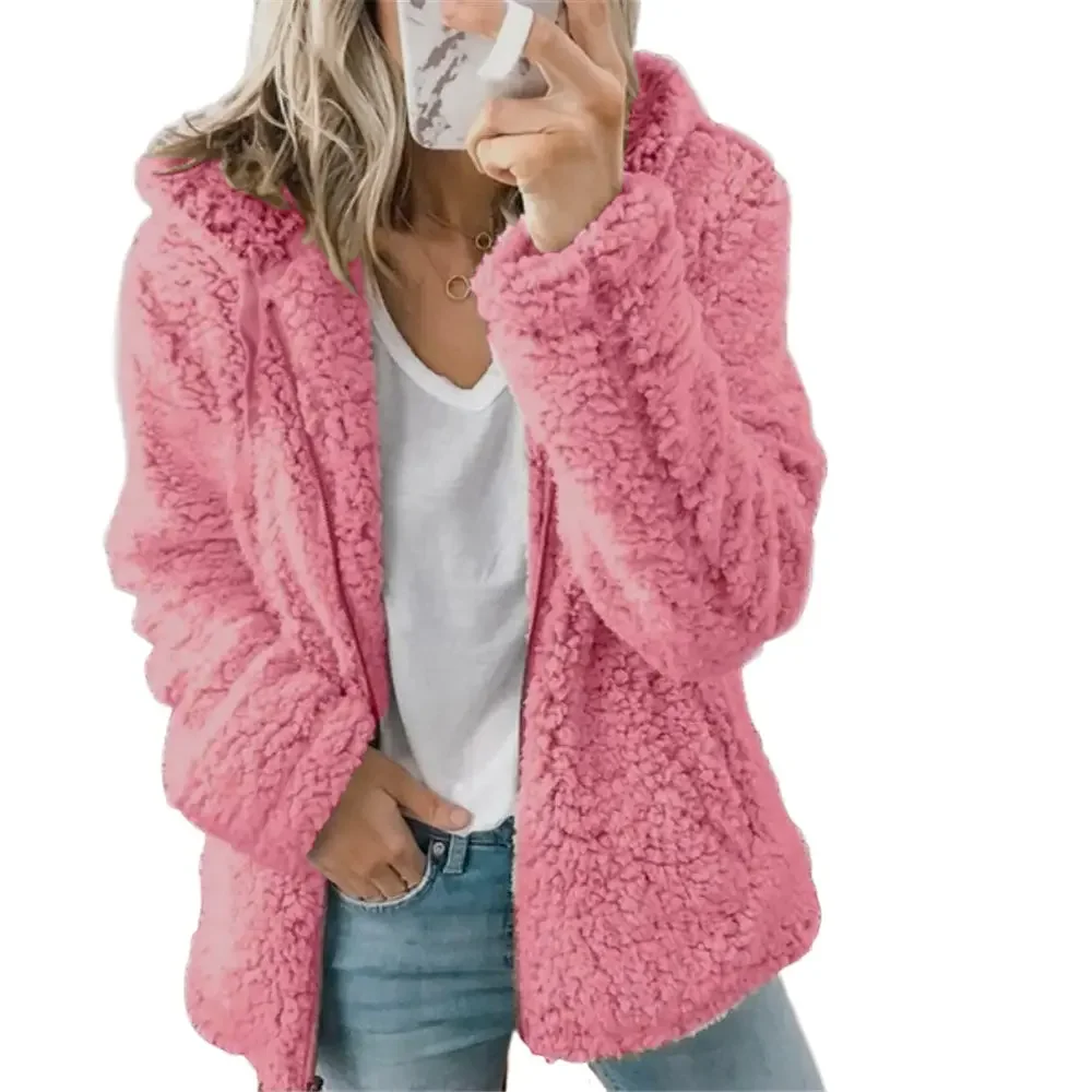 

2021 Women Autumn Winter Jacket Female Coat Causal Soft Hooded Fleece Plush Warm Plus Size Faux Fur Fluffy Zipper Top Sudadera