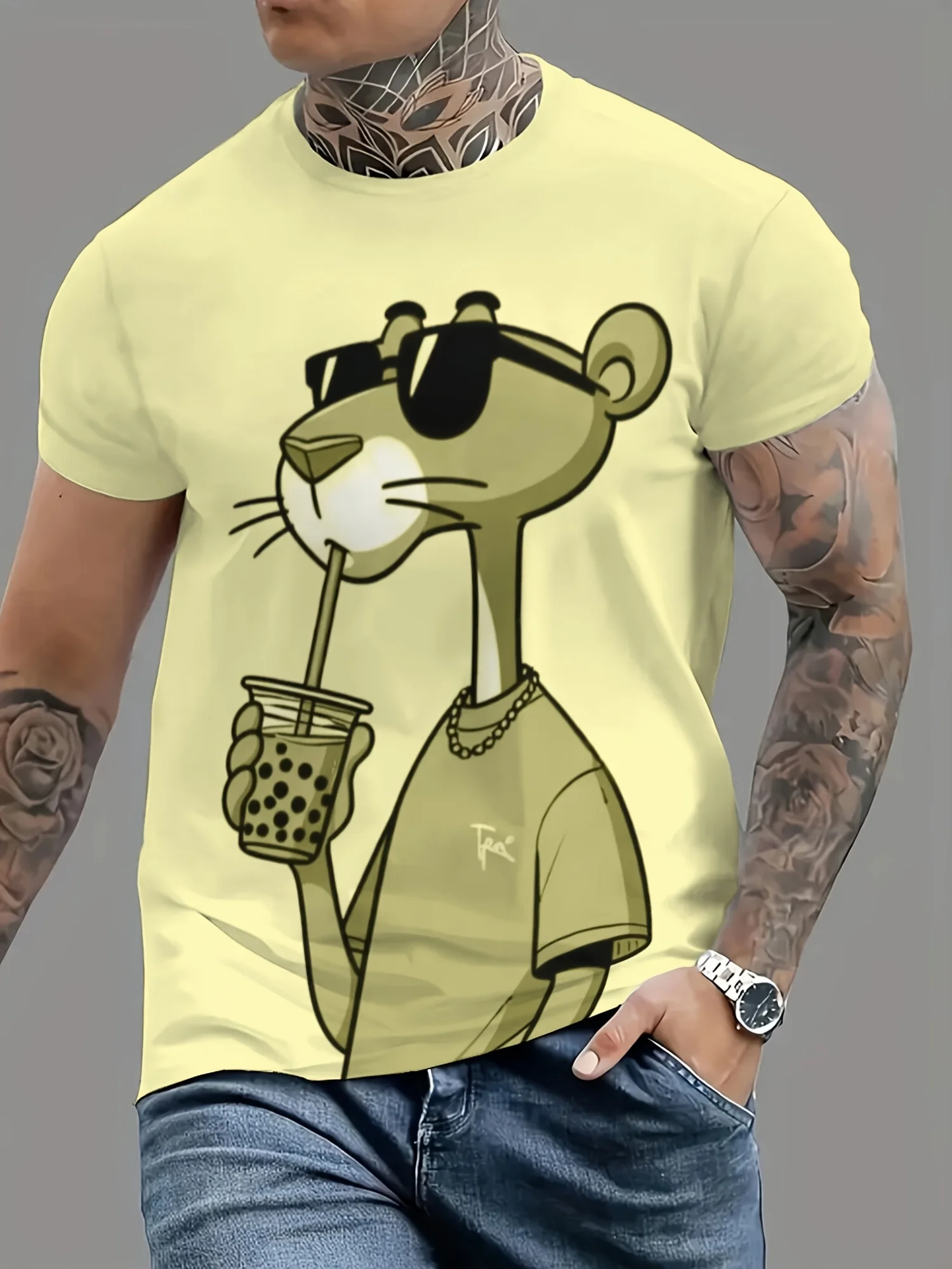 Summer New Mens T-shirts Cartoon Pink Panther Print Short Sleeve O-neck Tees Casual Loose Daily Sports Oversized Unisex Tops 6