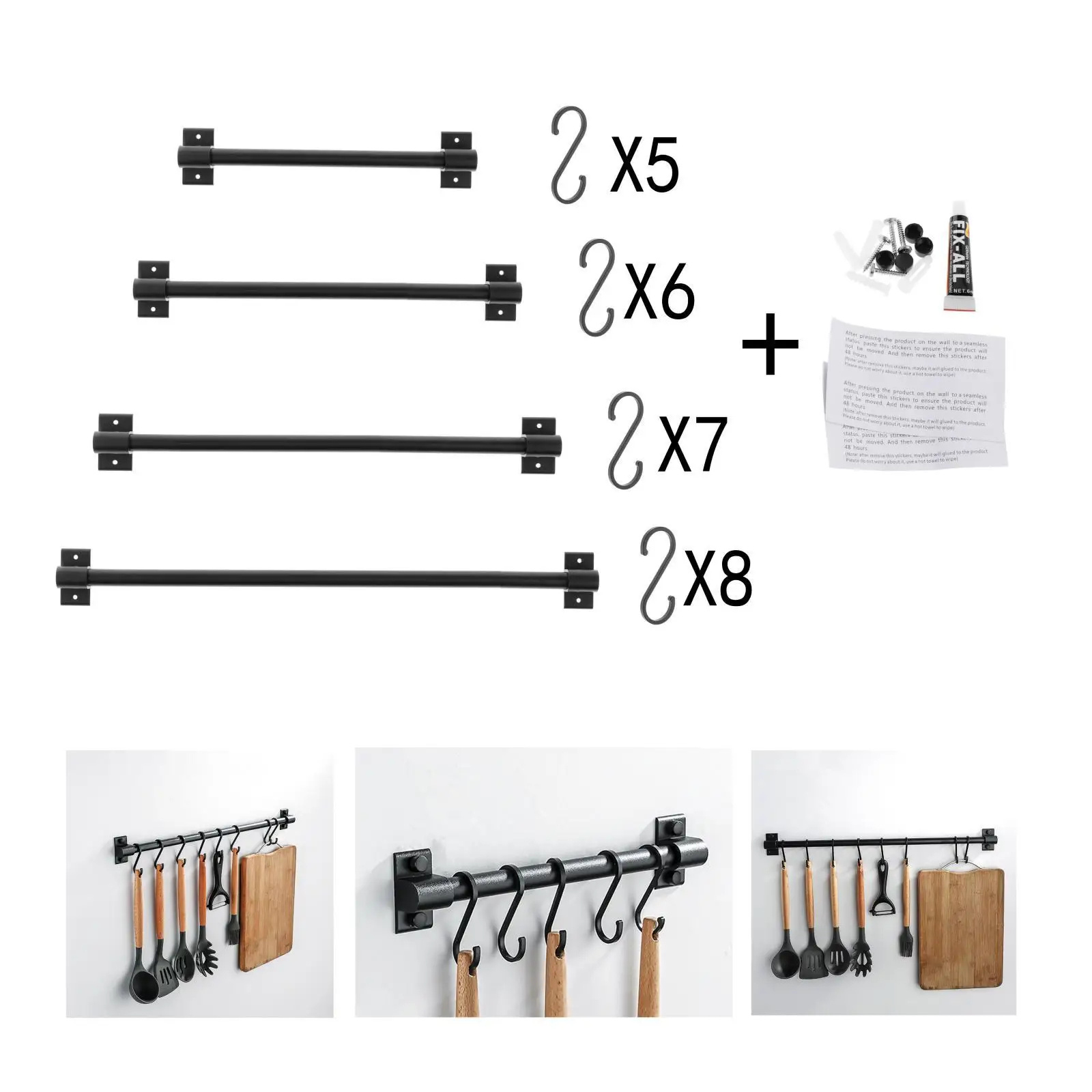 Kitchen Rail Rack with 1Hooks, Utensil Rack Wall Mounted, ing Utensil Holder for Utensils Set and Cookware Black 2