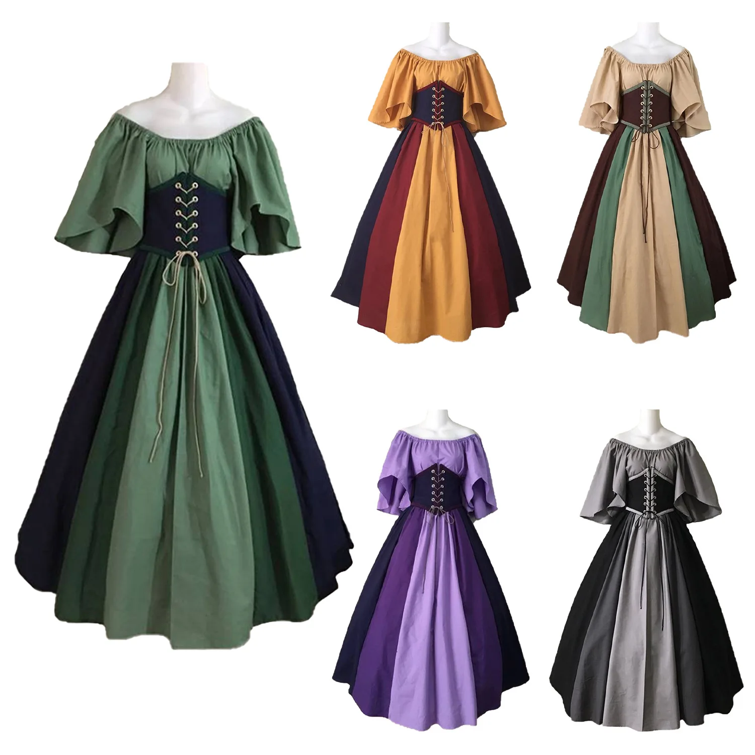 

Palace Medieval Costumes Fabric Patchwork Women Vintage Bandage Lace Up Carnival Party Robe Cosplay Clothing Long Corset Dress