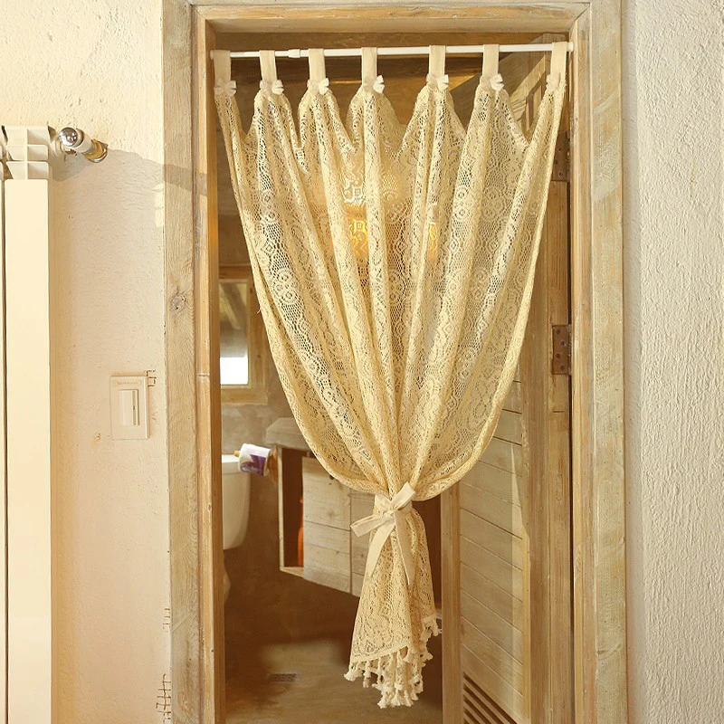 

Beige Lace Curtain Floral Tulle Window Curtain with Bow Semi Tab Top Sheer Farmhouse Drapes for Home Bedroom Living Room 1 Panel