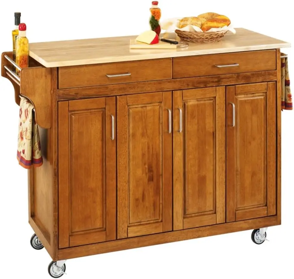 

Oak Finish Wood Top Cabinet w/ Four Wood Panel Doors, 3 Adjustable Shelves, 2 Drawers, 2 Towel Bars and Rubber Casters