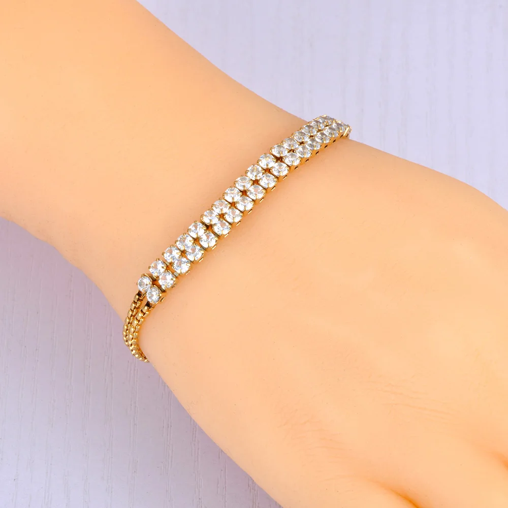 JeeMango Edelstahl-Tennis-Doppelkettenarmband mit kubischem Zirkonia für Damen, luxuriöses Charm-Bling-Armband, Bijoux Femme JB23058 – Detail 6