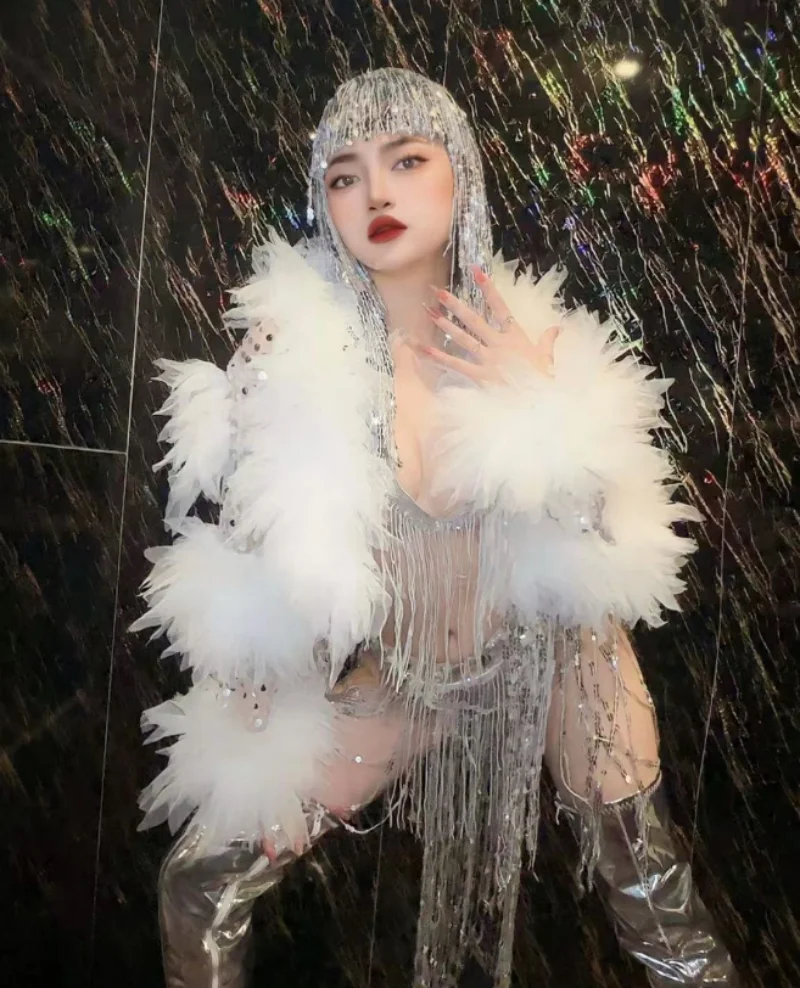 Performance outfit sexy silver tassel full set white jacket punk DJDS singer bar dance team gogo
