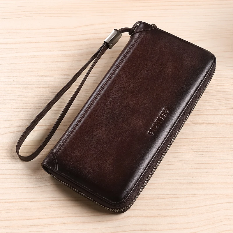 Men's Luxurious Long Leather Wallet - Soft Cowhide Handbag with Gradient Yellow Finish