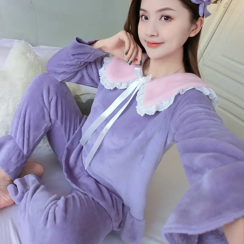 Coral velvet pajamas female autumn and winter doll collar small princess wind lovely solid color can wear home clothes sleepwear
