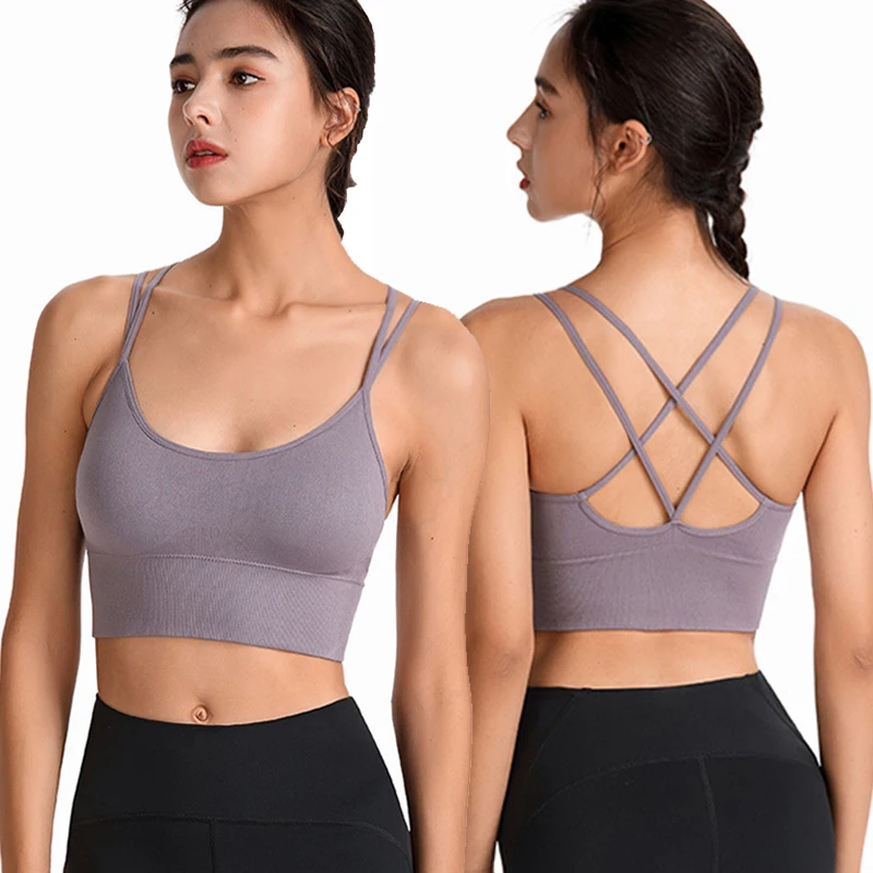 Soutien-gorge de Sport pour femmes, dos rembourré, bretelles croisées, haut court de Yoga, d'entraînement, Bralette_voghion.com