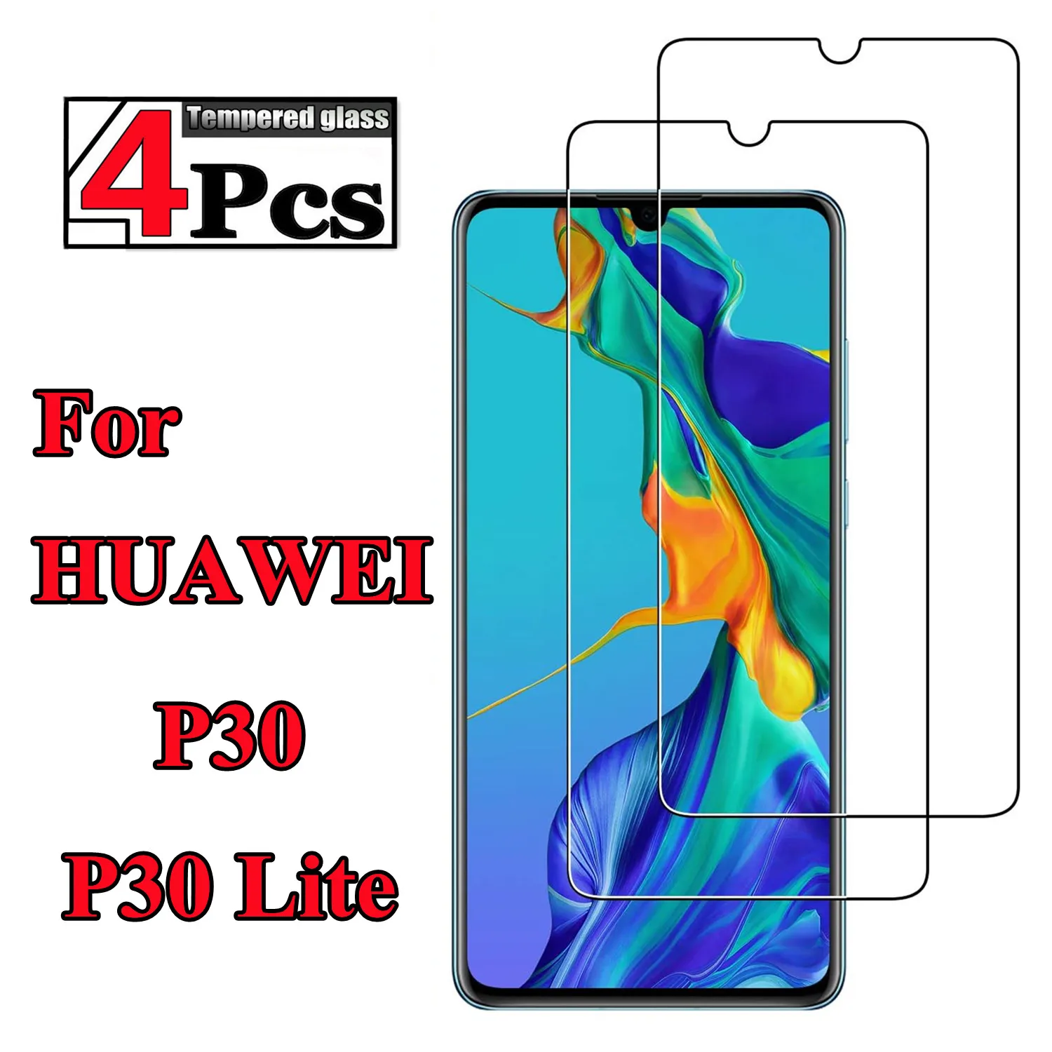 1/4 pezzi per HUAWEI P30 P30Lite vetro temperato ad alta definizione funzione anti goccia pellicola protettiva per schermo intelligente in vetro