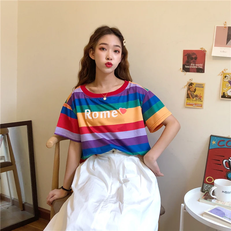 

Scene shooting % cotton yarn-dyed article rainbow female T-shirt