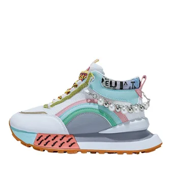High Quality Women‘s High Top Chunky Sneakers Pearl Embellished Comfortable Casual Walking Shoes Fashion Trending Running Shoes