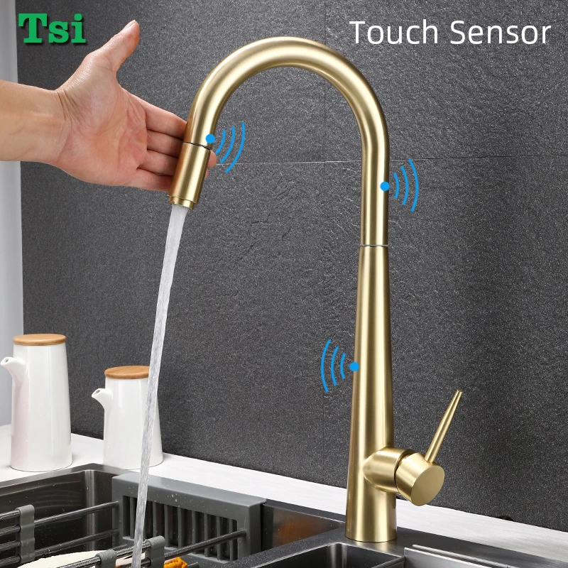 GoldTouchSensorKitchenFaucetSingleHolePullOutSpoutSinkMixer
