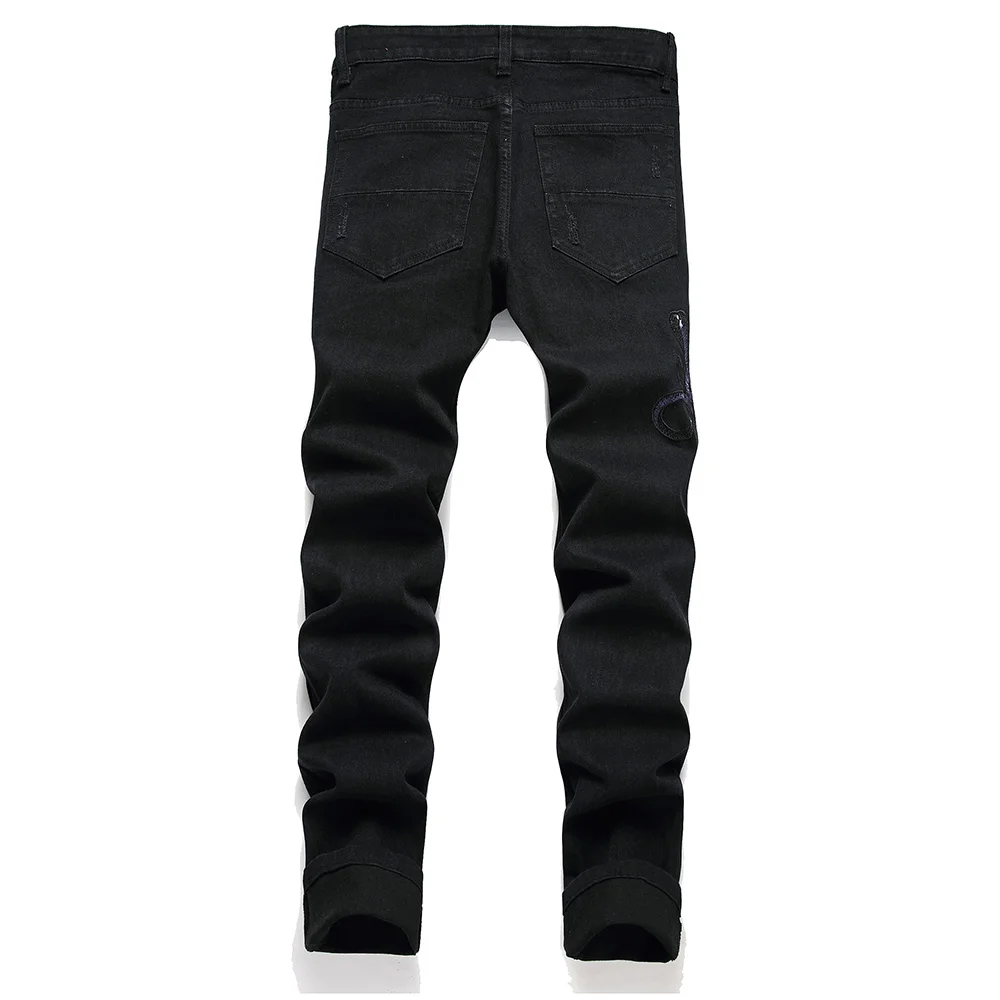 Men Snake Embroidery Jeans Streetwear Black Stretch Denim Pants Holes Ripped Distressed Slim Straight Trousers 2