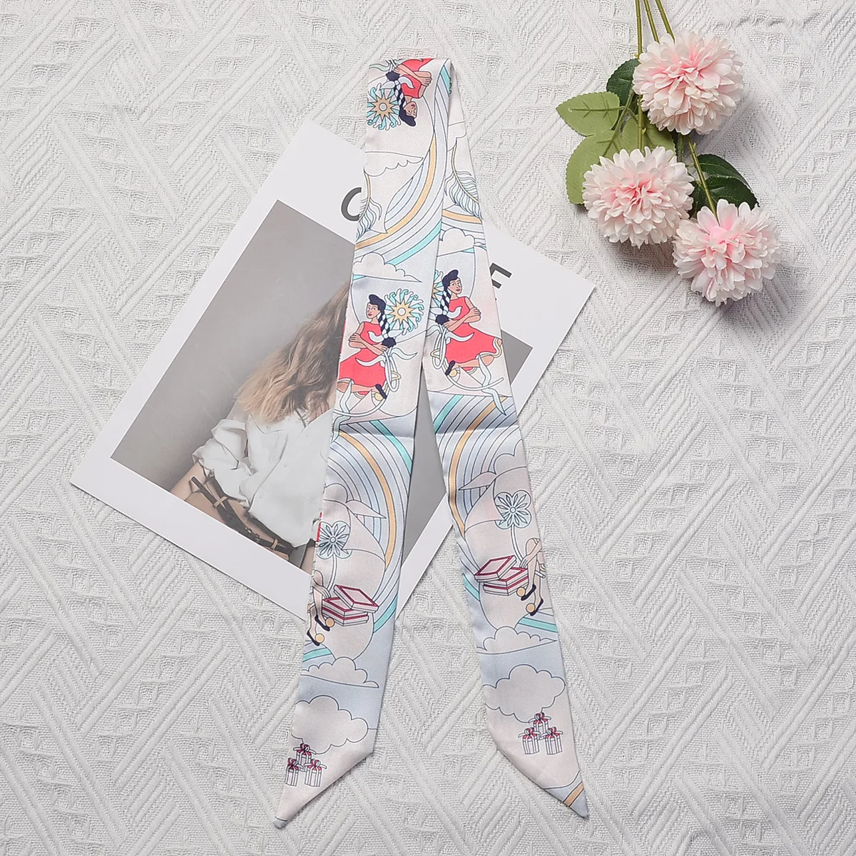 New Small Silk Scarf Double-Sided Printing Bicycle Girl Pattern 2022 Scarf Shawl Tied Bag Accessories Fashion