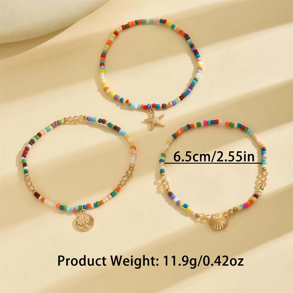 Cute Starfish Scallop Life Tree Pendant Anklets For Women 3pcs/set Rainbow Beads Foot Chains Beach Jewelry Summer Accessories