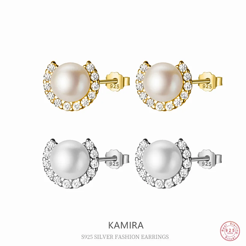 Kamira Real 100% 925 Sterling Silver Fashion New Temperament Ladies Gentle Zircone Orecchini A Bottone Gioielli Da Sposa Romantici Alti