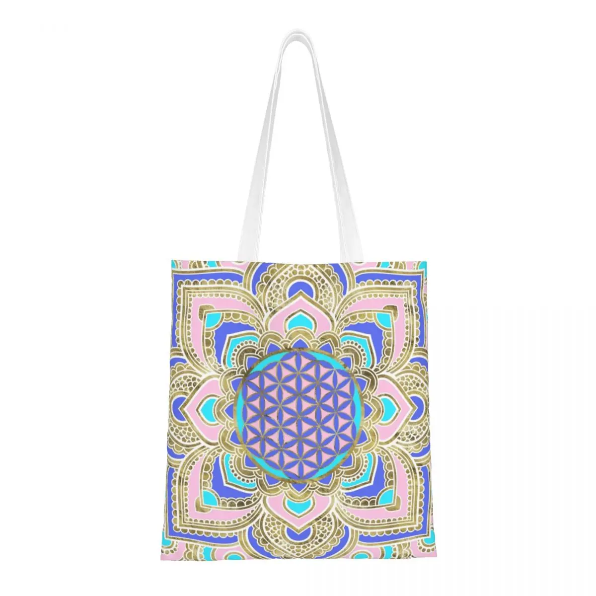 Bolsa de lona reutilizable de gran capacidad con diseño de flor de la vida en tonos pastel de loto y dorado para mujer, bolsas de viaje con diseño de mandala