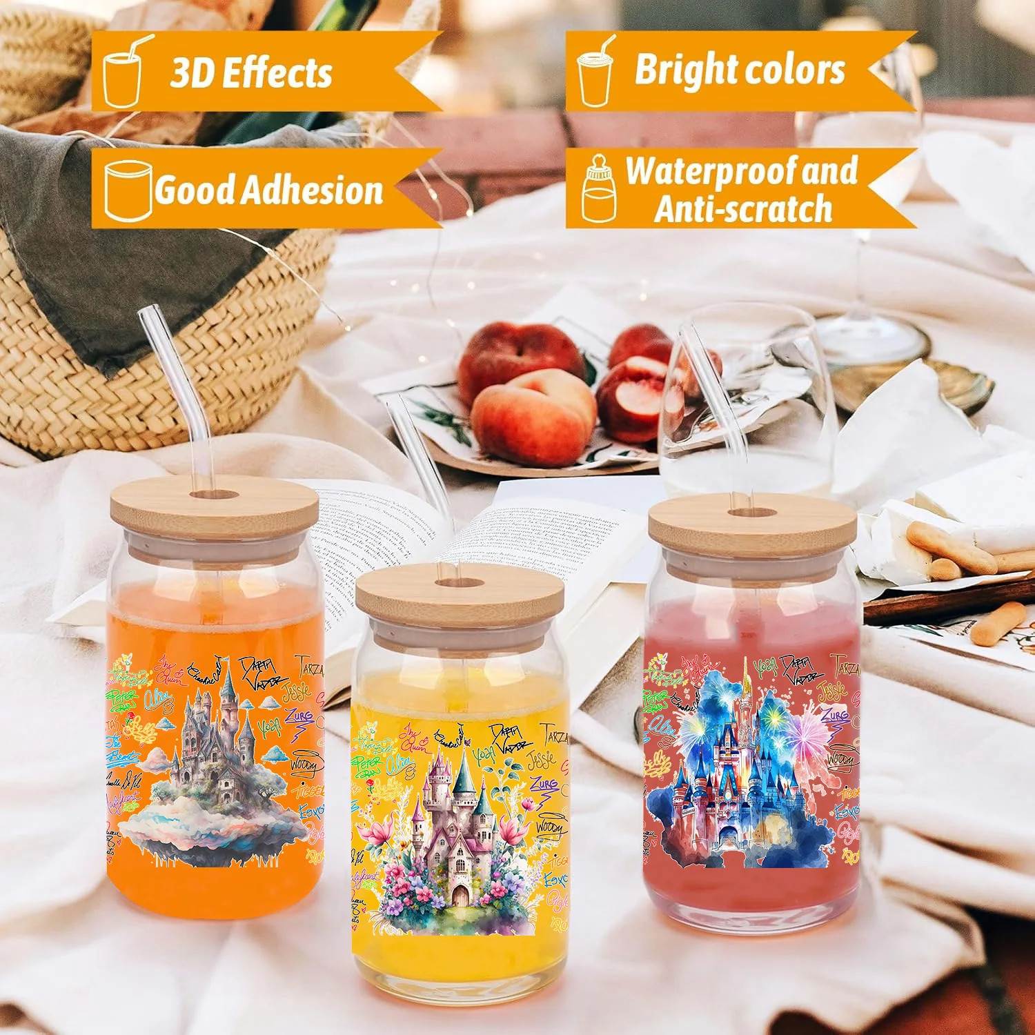 3D Stickers 3D Wall Stickers UV DTF Wrap Transfer Princess Castle Series Easy Peel Waterproof DIY Decals 16oz UV DTF Cup Wraps for Glasses