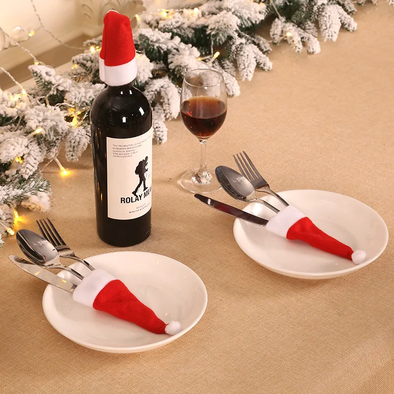 Christmas Decoration Tableware Holder Bag Christmas Hat Fork Knife Cutlery Bag Xmas Home Kitchen Decor Ornament Navidad New Year