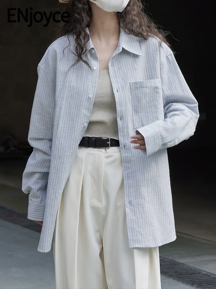 

Женская длинная рубашка в полоску ENjoyce, Повседневная Свободная винтажная блузка из хлопка и льна с длинным рукавом, корейский стиль, весна-осень, брендовые вещи женские