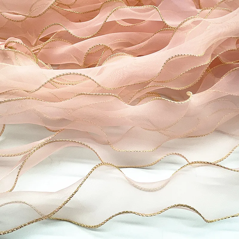 50mm 골든 에지 웨이브 실크 Organza 리본 보우 소재 머리 장식 선물 포장 장식 레이스 리본