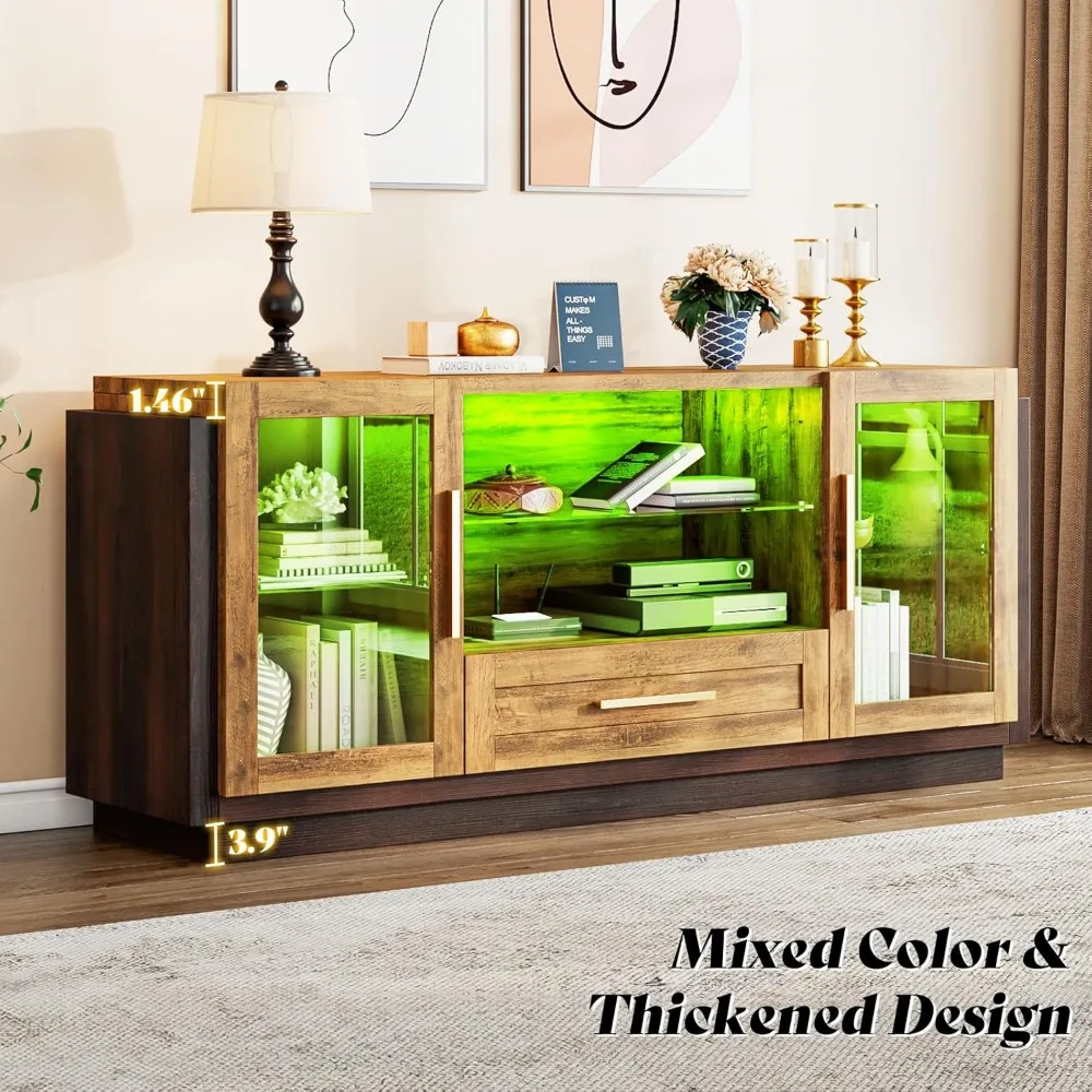 Cabinet with LED Lights, 60" Coffee/Wine Bar Cabinet with Glass Doors & Open Shelves & Drawers, Modern Entryway Console Table