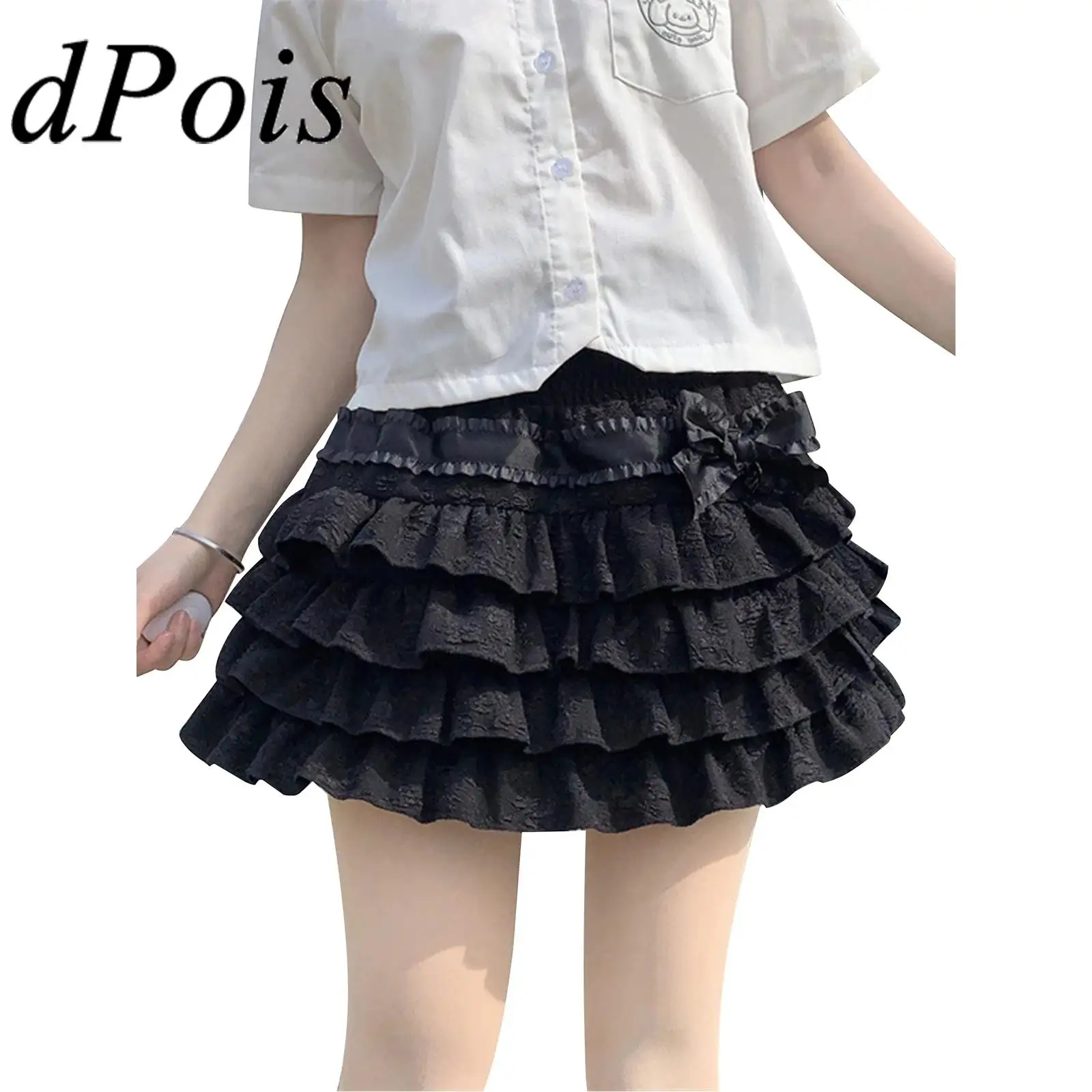 

Womens Ruffle Tiered Skirt High Waist Ruched Elastic Waistband Bowknot Jacquard Princess Skirt