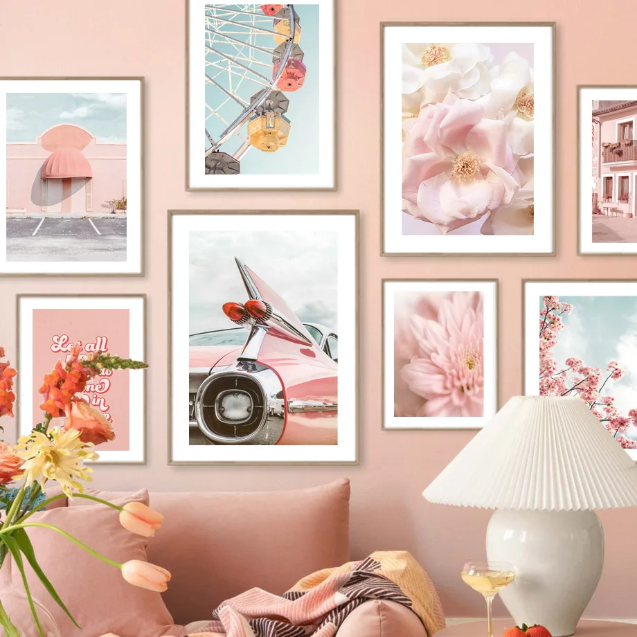 

Pink Flowers Car House Coconut Tree Ferris Wheel Tape Wall Art Canvas Painting Nordic Posters Prints Pictures Living Room Decor