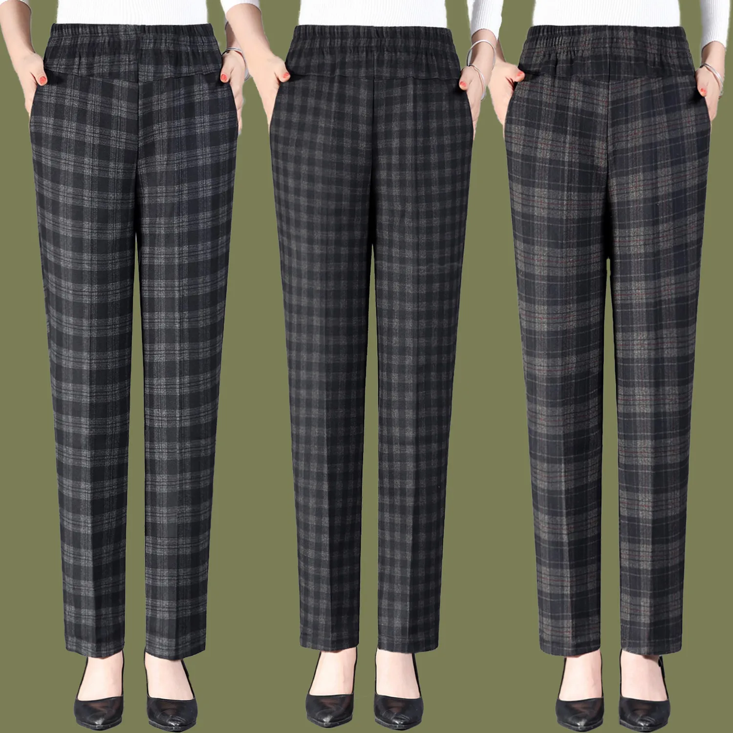 Spring New Korean Women's High Waist Elastic Plaid Casual Pants Patchwork Pockets Breathable Loose Versatile Straight Trousers
