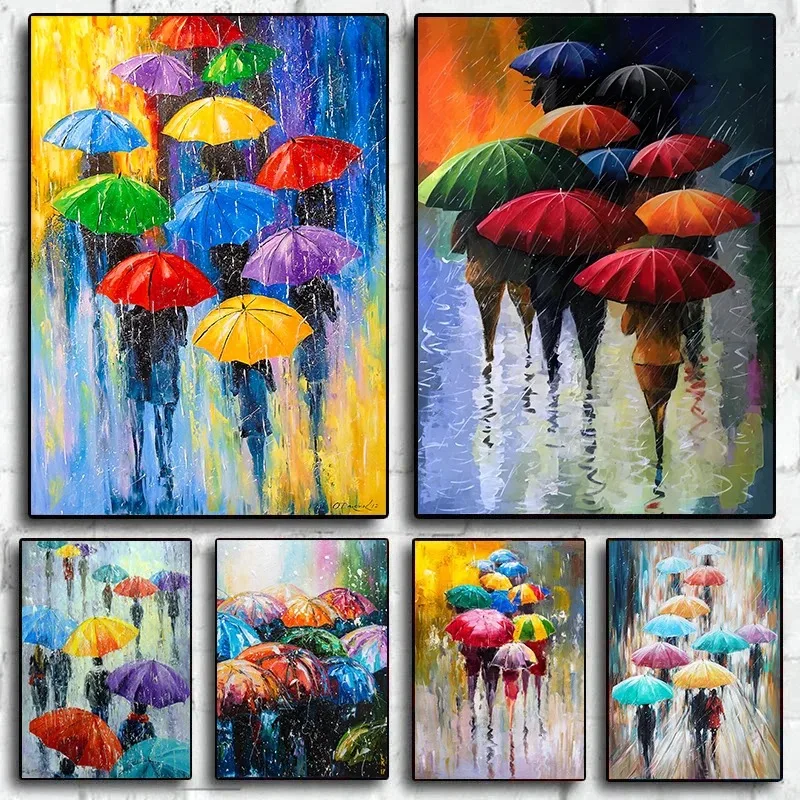 Abstract Colorful Umbrella Landscape In The Rain Poster Canvas Painting Wall Art For Modern Living Room Home Decor
