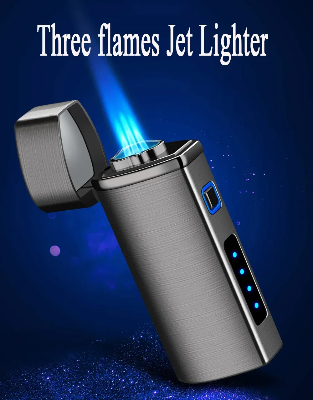 New 2025 touch sensitive metal outdoor windproof Type-C rechargeable portable turbo three torch blue flame jet gas lighter