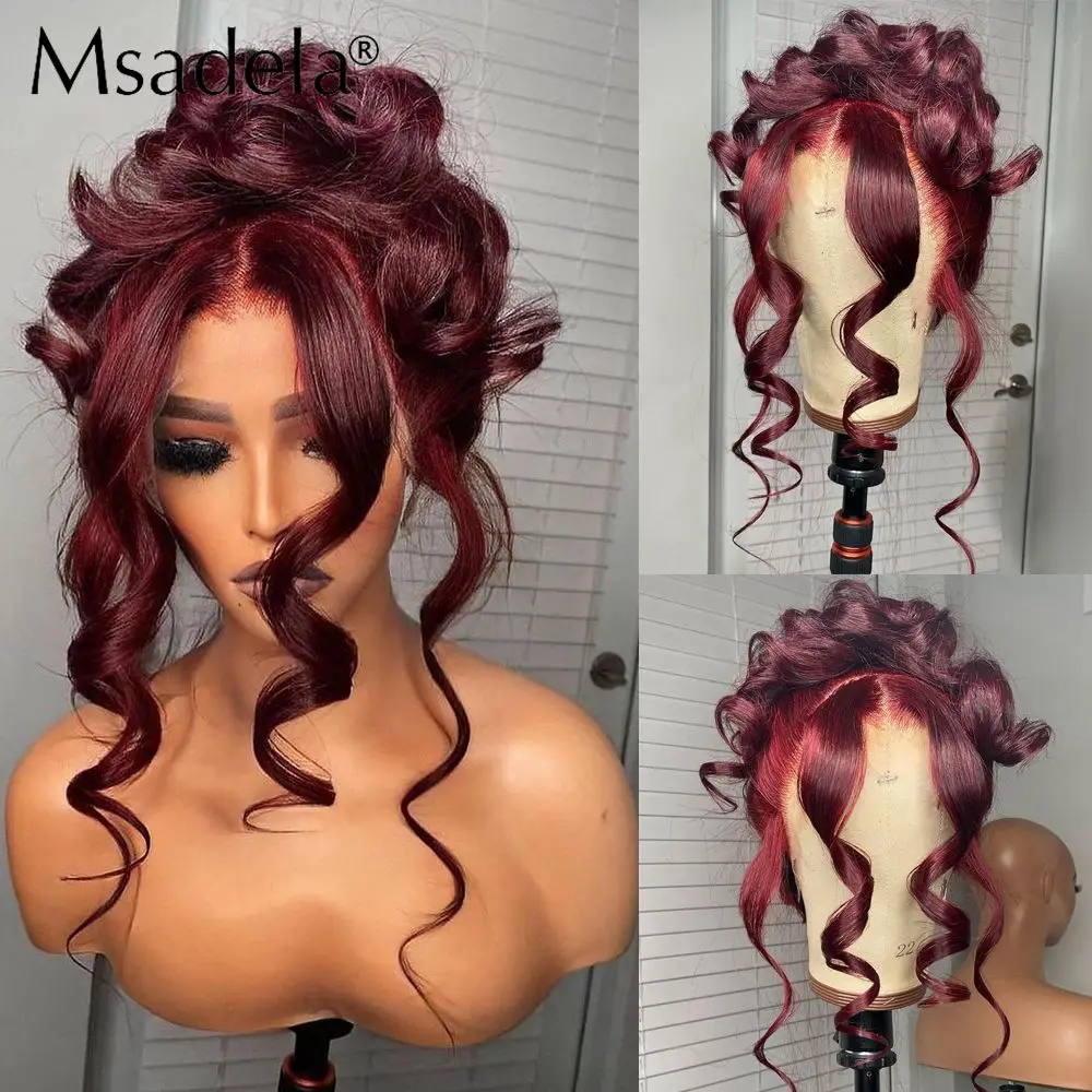

Burgundy Red Color Loose Wave Synthetic Wig Drag Queen Transparent 28Inch Daily Cosplay 13X4X1 Lace Front Wigs For Black Women