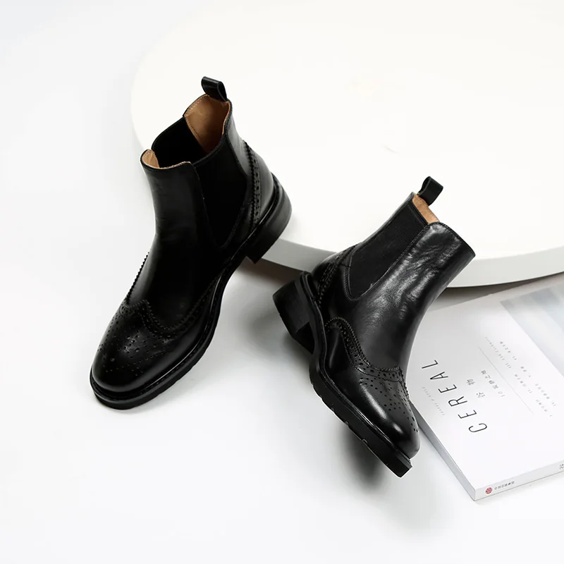 MORDOAN Genuine Cow Leather Chelsea Short Boots Women's Flat Ankle Boots Ladies Brogue Retro Brock Women's Shoes